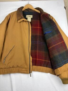 VTG L.L.Bean Jacket Men's L Tan Canvas Plaid Wool Lined Thinsulate Bomber Coat